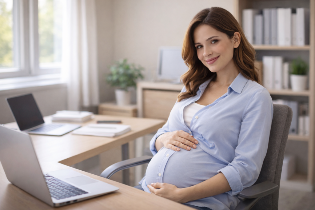 Mãe trabalhadora CLT grávida em ambiente de trabalho organizado, com iluminação natural