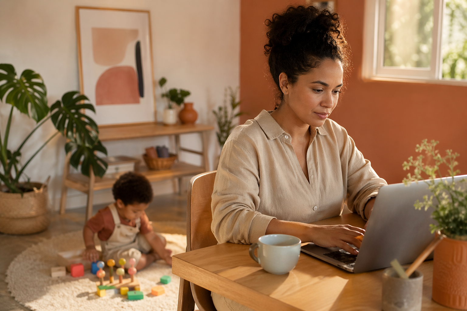 mãe trabalhando em home office com filho autista brincando ao fundo