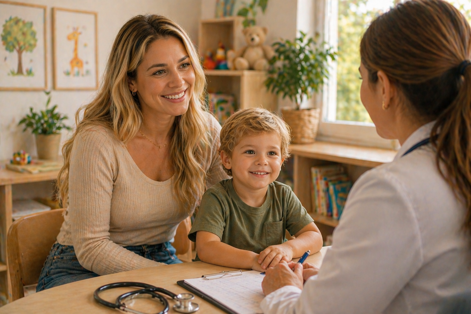 mãe com filho em consulta médica, ambiente clínico acolhedor
