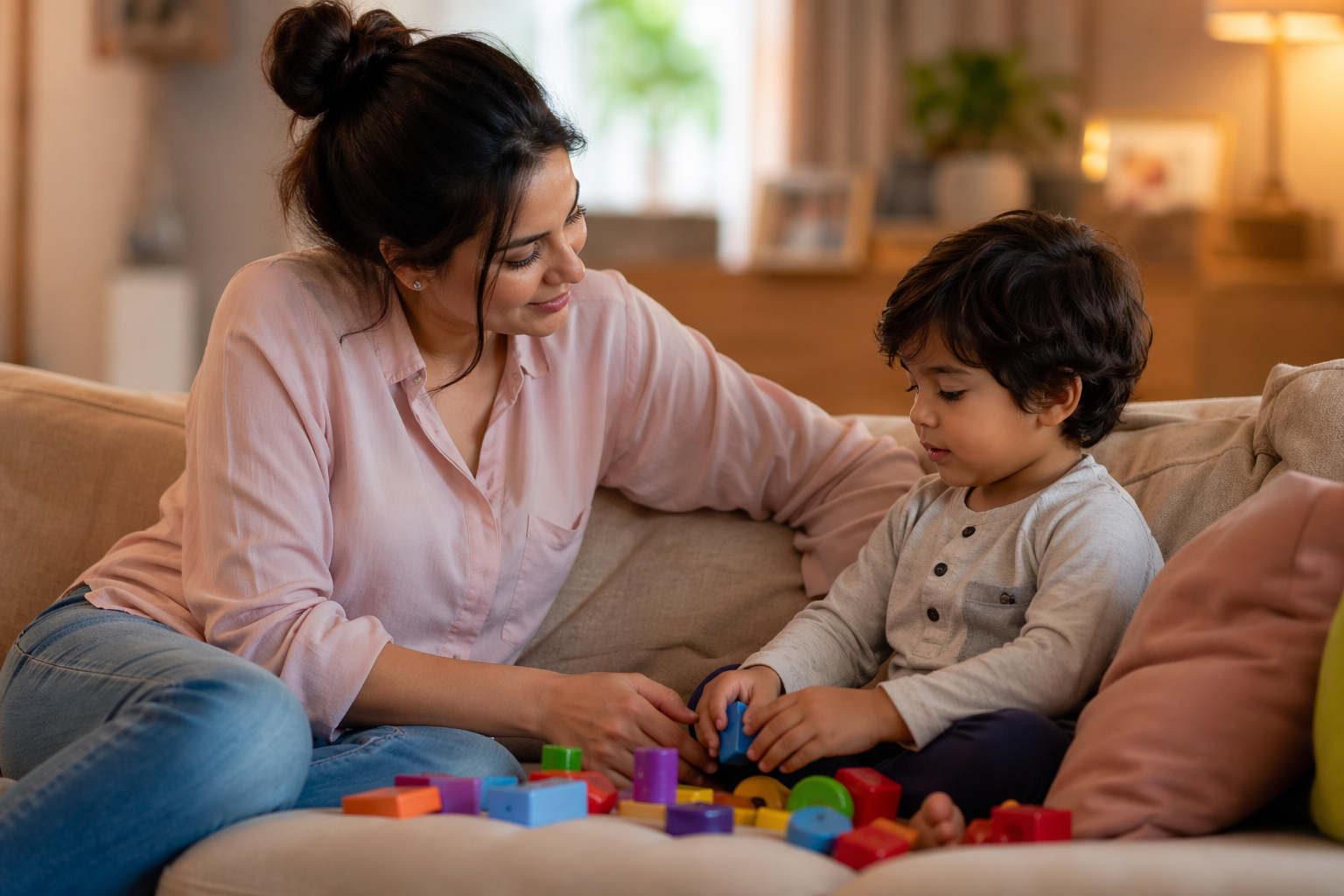 direitos da mãe de filho autista no trabalho: mãe e filho sentados no sofá com brinquedos coloridos