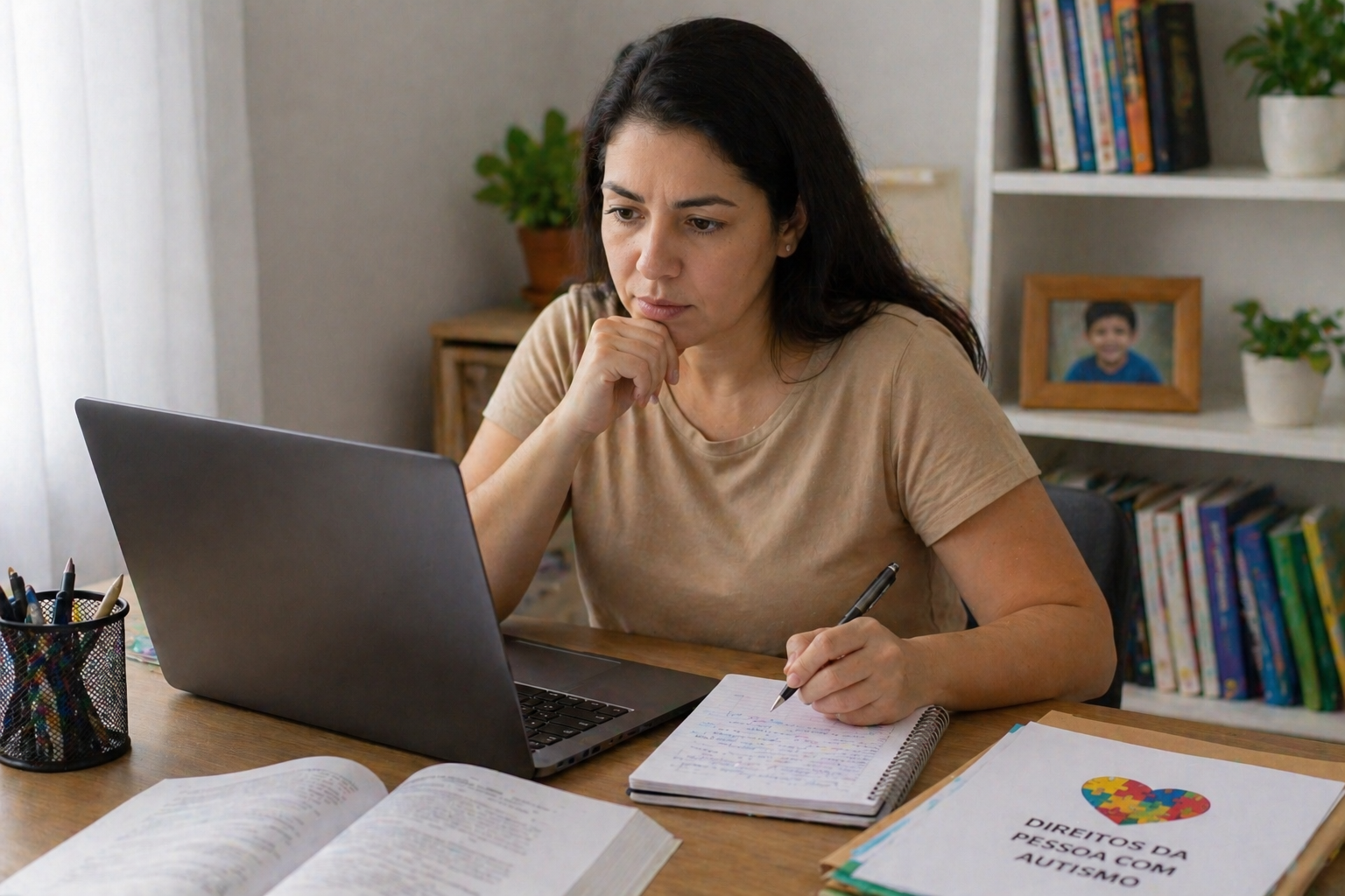 mãe pesquisando direitos do filho autista no computador com anotações ao lado Direitos da Mãe