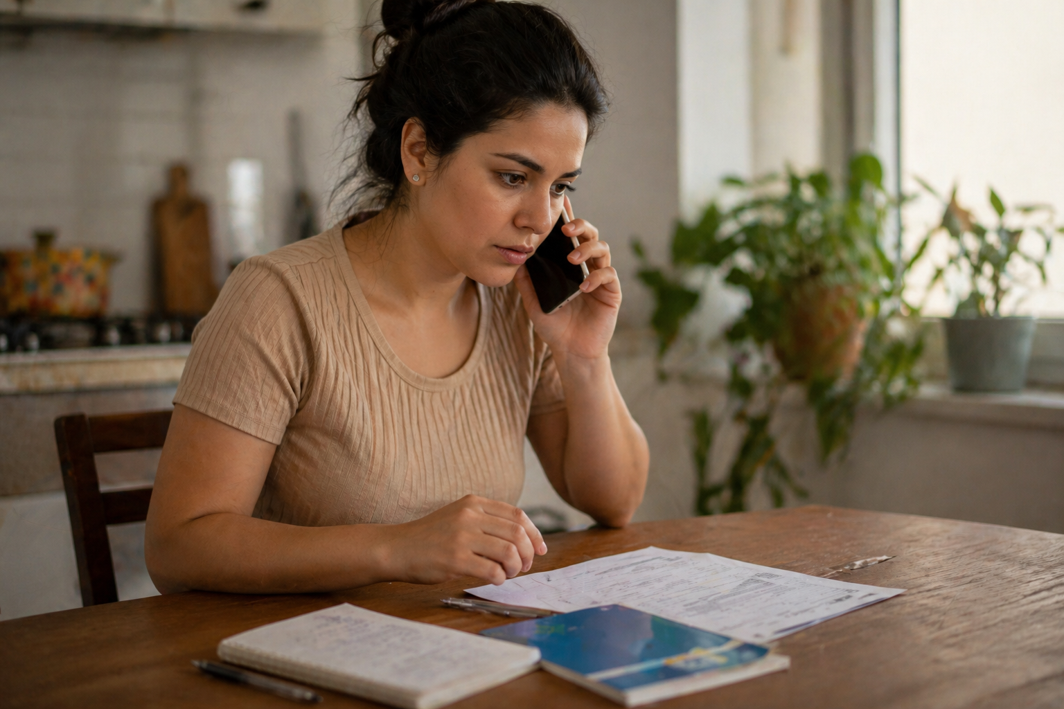 mãe ao telefone com carteira do plano de saúde e prescrição médica à frente, expressão firme — Direitos da Mãe