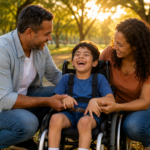 família com criança com deficiência em parque inclusivo
