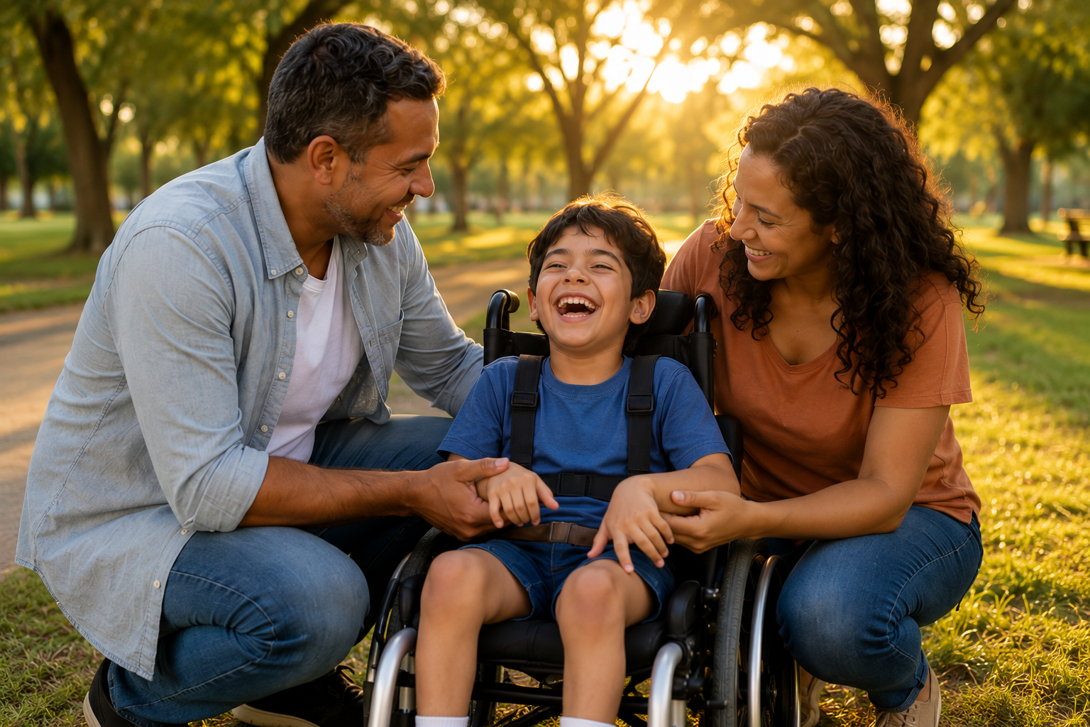 Família com criança com deficiência em parque inclusivo