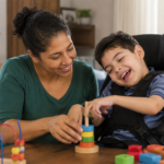 mãe com filho com paralisia cerebral em cadeira de rodas em casa