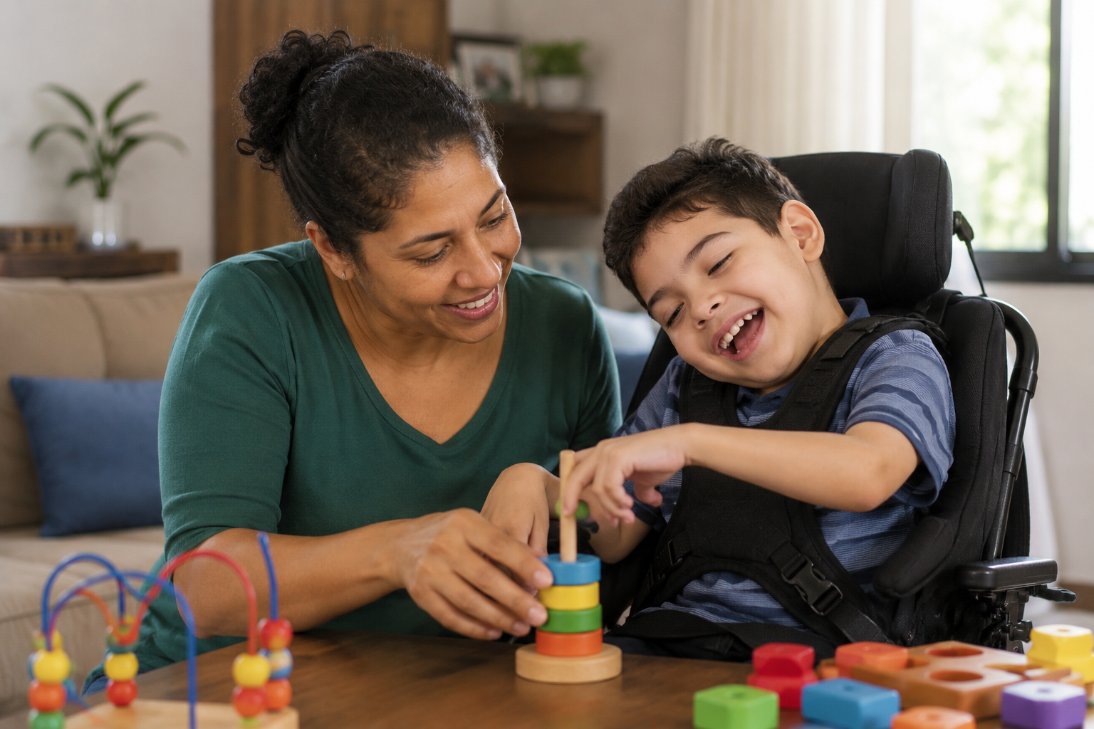 Mãe com filho com paralisia cerebral em cadeira de rodas em casa