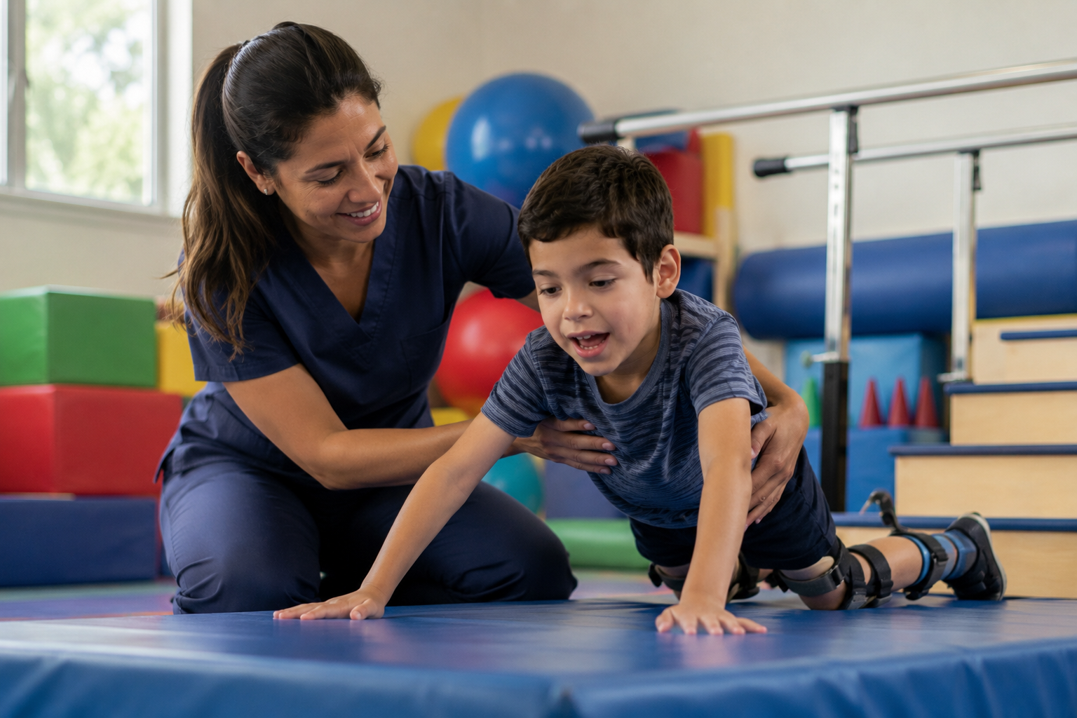 Fisioterapeuta trabalhando com criança com paralisia cerebral