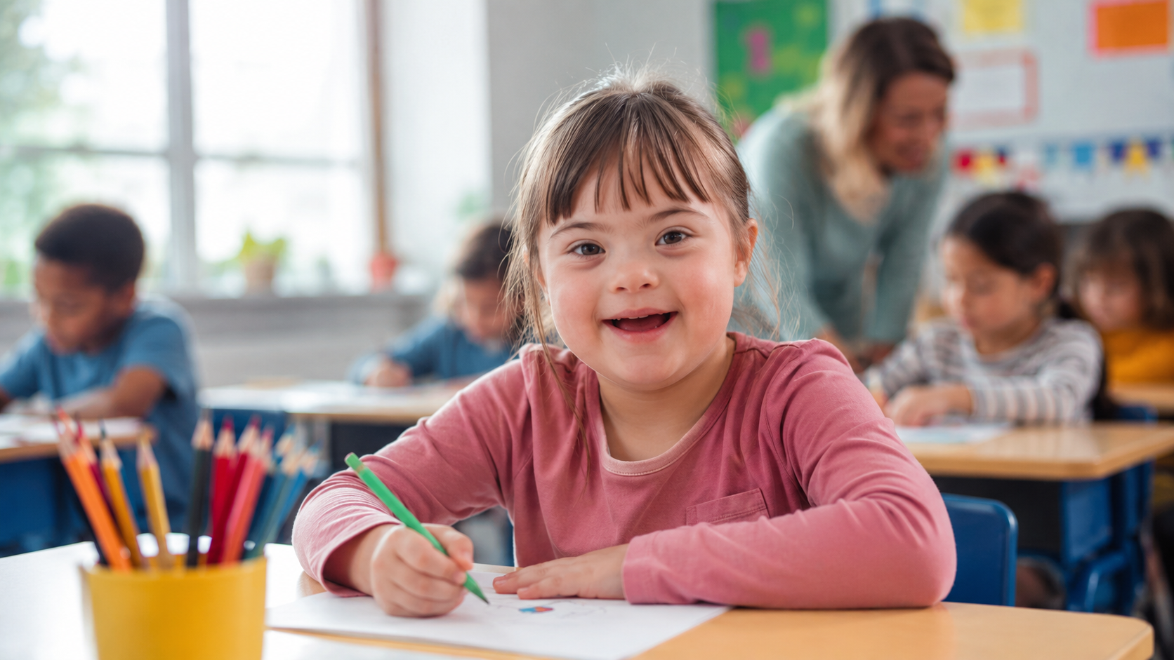 Criança com síndrome de Down em sala de aula inclusiva